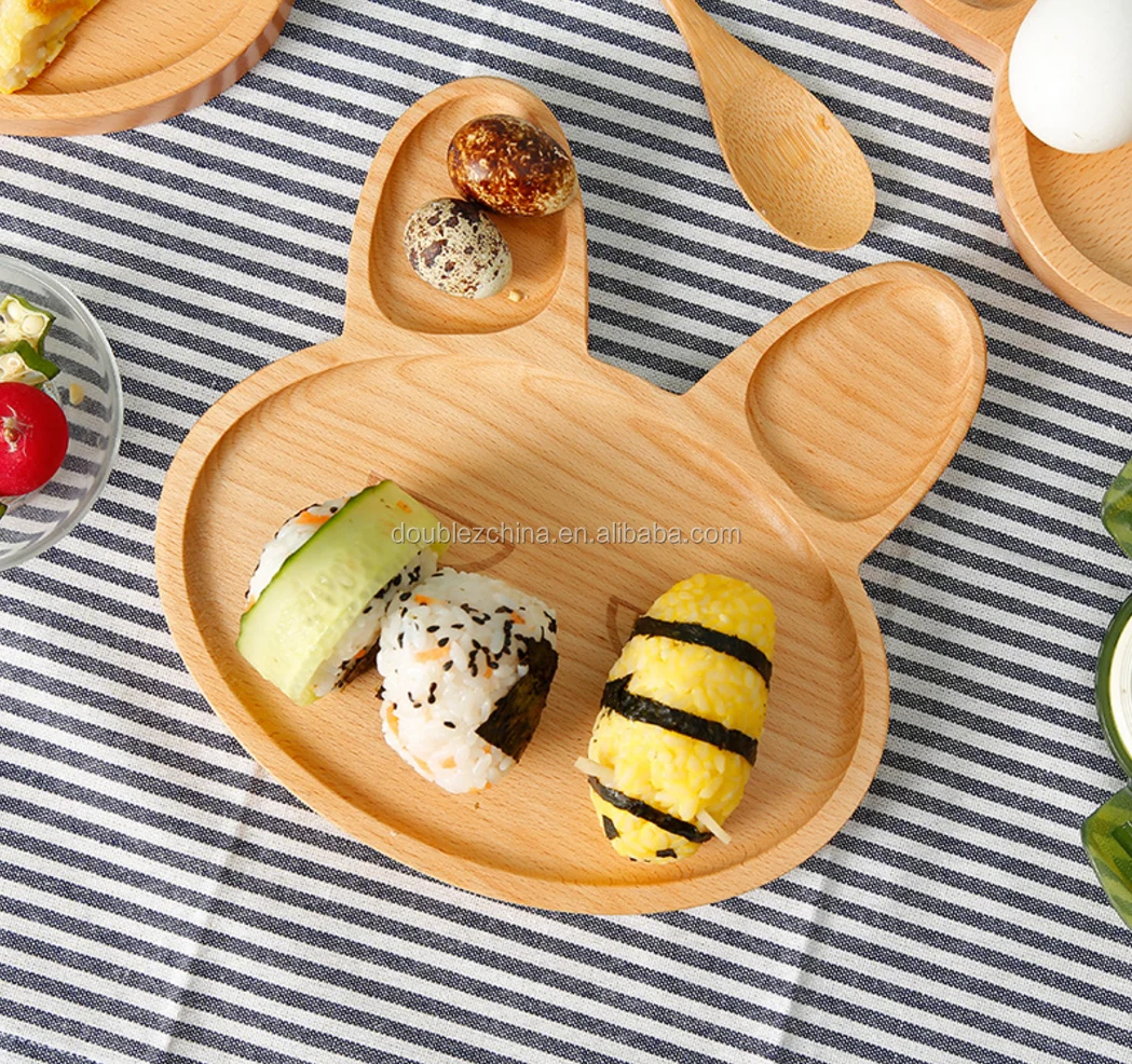 Wooden Platter Rabbit Food Dish Kids Toddler Feeding Plate Dinner Tray Tableware
