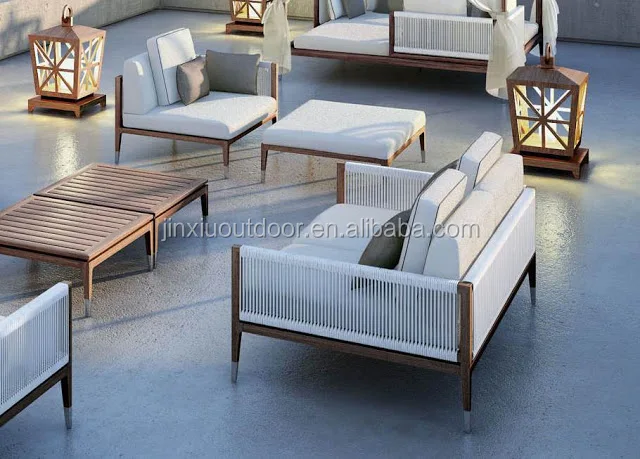 Modern design 2019 Polyethylene rattan solid teak wood outdoor sofa JX-388