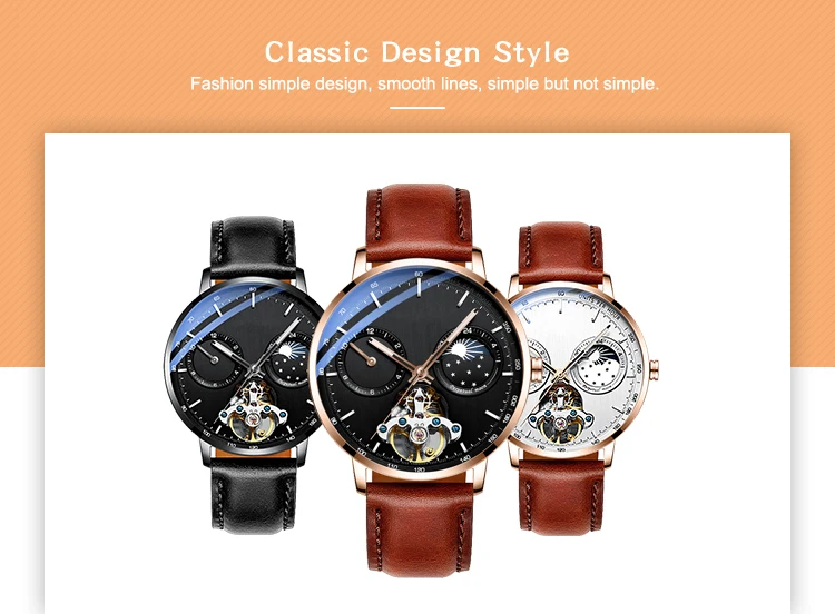 Luxury Complex Function Moon Phase Dual Time Automatic Mechanical Mens Watch