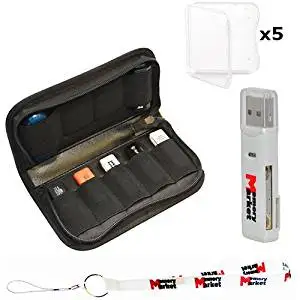 MemoryMarket Nylon Fabric Storage Holder/Wallet/Carrying Case/Bag/Organizer for USB Flash Drives/Thumb Drives/Pen Drives/Jump Drives with (5) SD Jewel Cases, Lanyard & Memory Card Reader