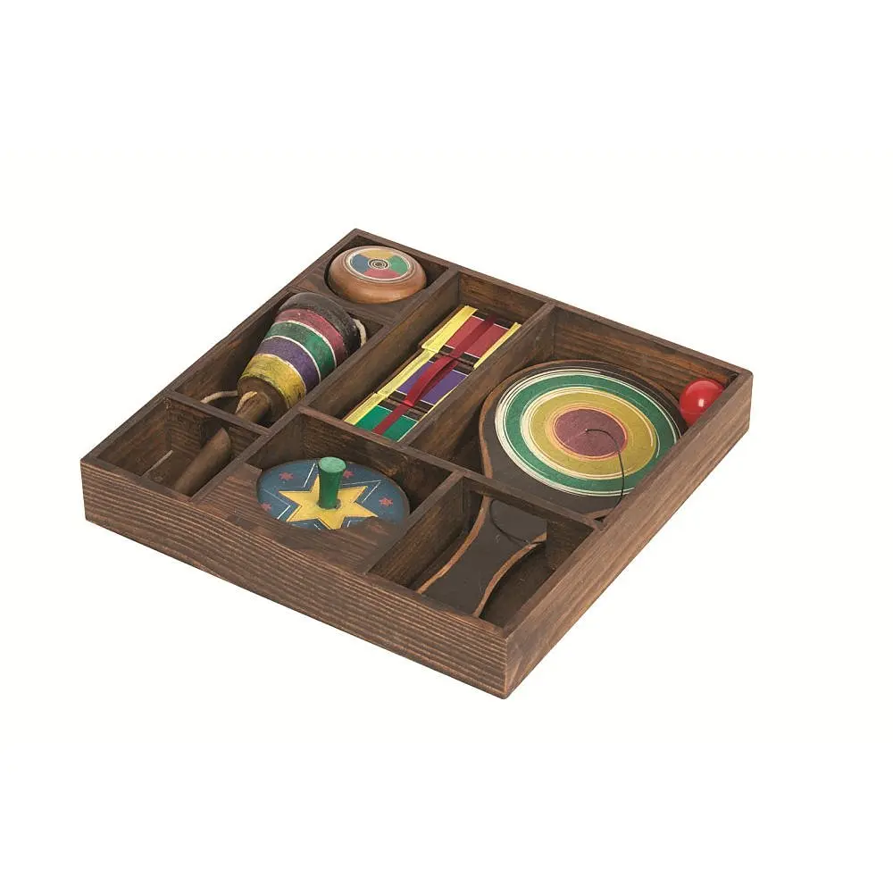 Pavilion Classic Antique Replica Wooden Games in Display Box Set (Yo-Yo, Spinning Top, Paddle Ball, Jacob's Ladder, & Ball Catch)