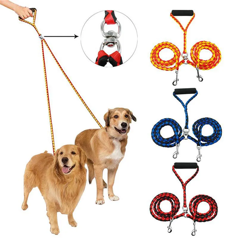 Double Dog Leash For Two Dogs 120cm Braided Tangle Free Dual Leash