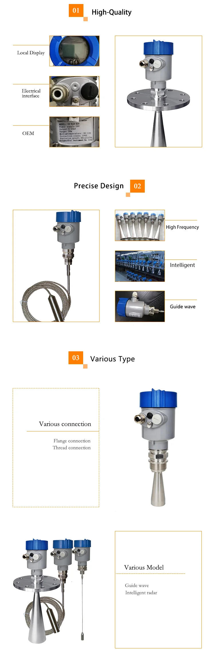 High frequency radar Liquid flange level gauge transmitter Cement Silo Radar Level sensor