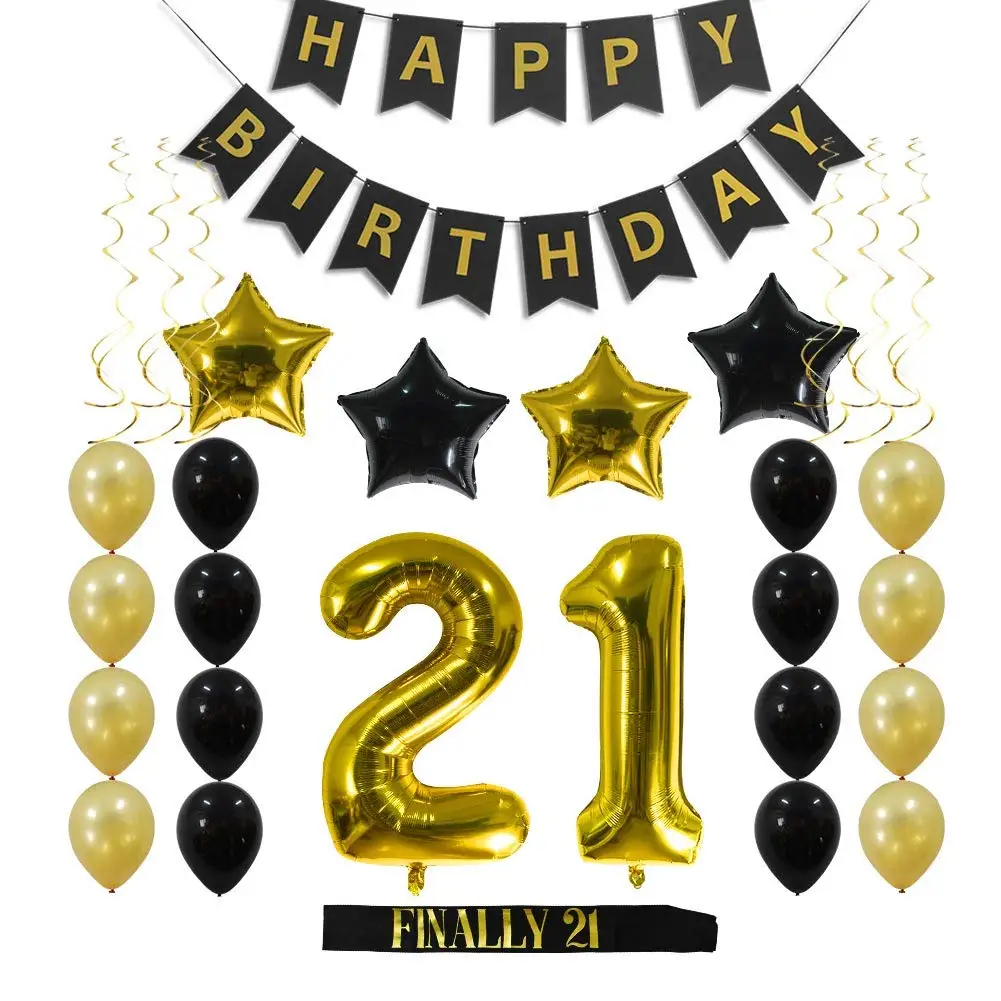 Sash Banner Gold Number Black Balloons Sparkling Hanging Swirls