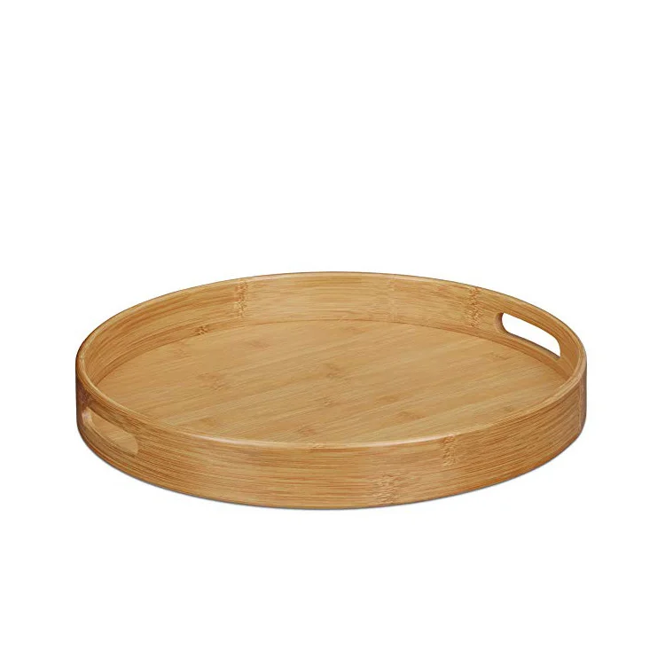 Round Bamboo Food Serving Tray,Raised Edge,Cutout Handles,Size 15.2 X