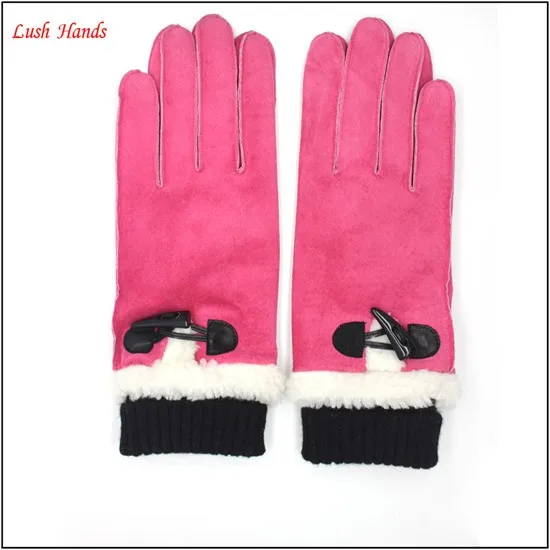 ladies and gril pink gift sheepsuede leather gloves with knit wrist lining polyester