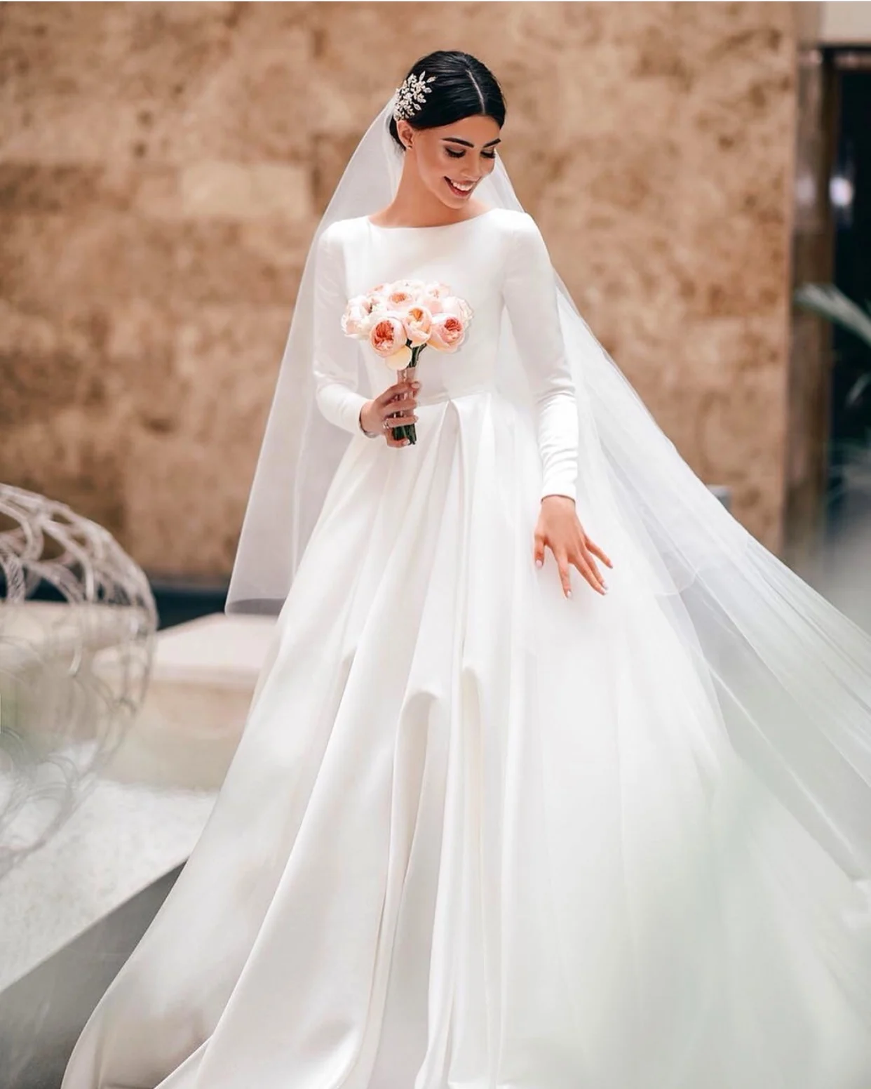 a-line long sleeve satin wedding dress simple br