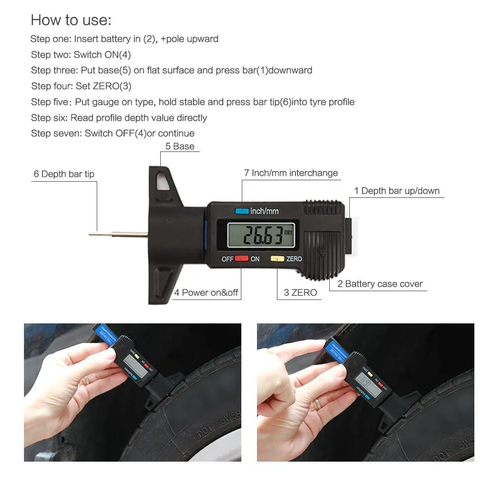 Digital Tire Tread Depth Gauge Meter Measurer For Cars Trucks And Suv,0 ...