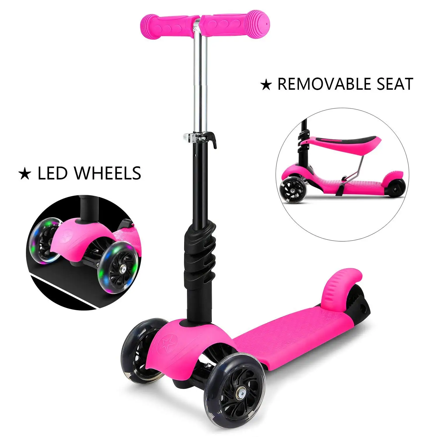 Kids 3 in1 Mini Kick 3 Wheel Scooter Led Flashing Adjustable with Removable Seat 