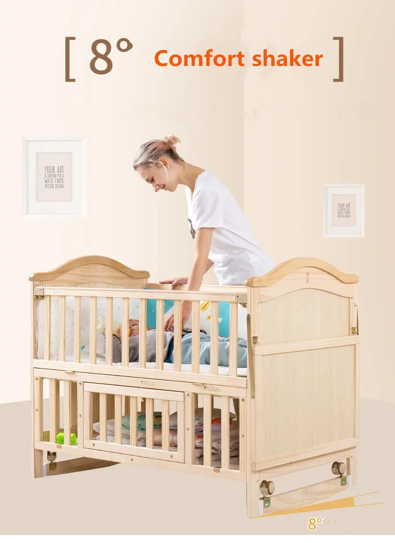 Wooden Solid Pine Convertible American Baby Bed Cot With Movable Wheels