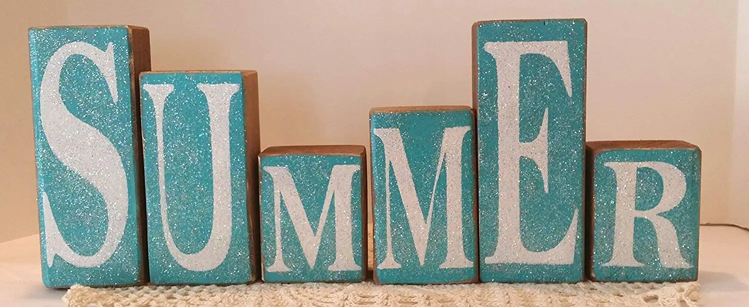 Summer Blocks Blue Wood Glitter Blocks Beach Home Decor Set of Six Wood Shelf Sitters