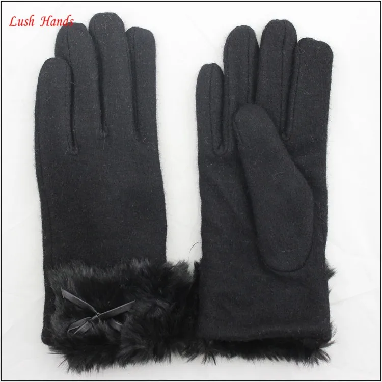 ladies warm black woolen hand gloves with fur wholesale winter gloves
