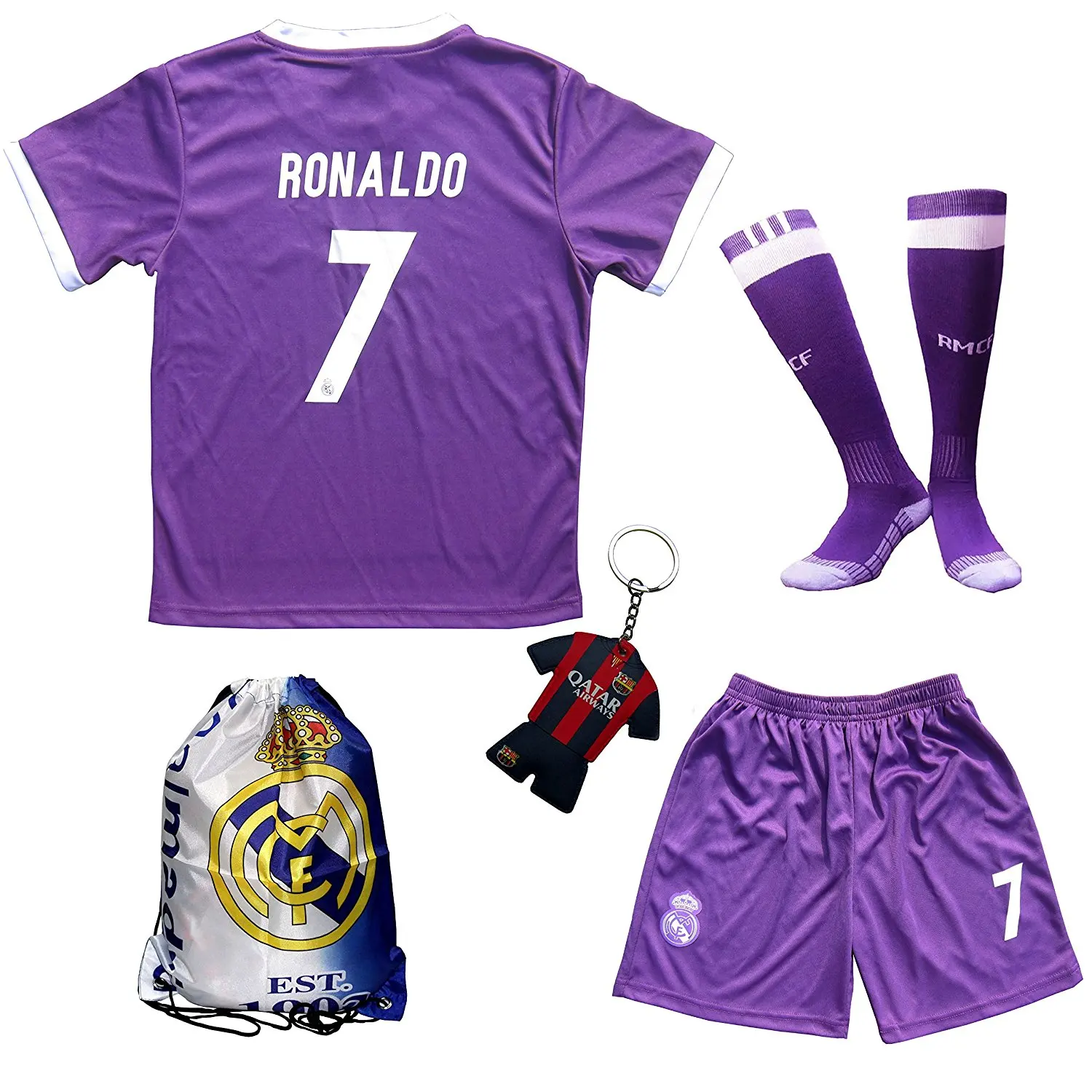 GamesDur 2017//2018 Real Madrid Cristiano Ronaldo #7 Home Football Soccer Kids Jersey /& Short /& Sock /& Soccer Bag Youth Sizes