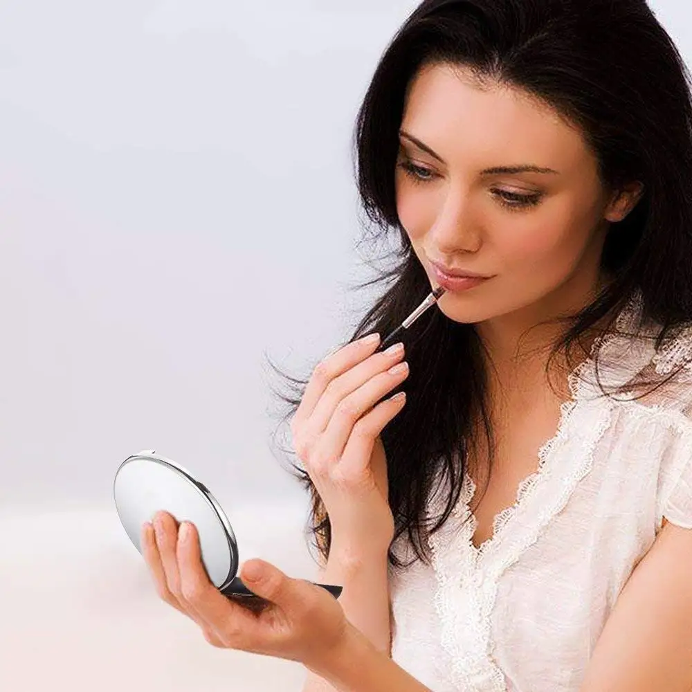 Portable Hand-Held Smart Travel Led Lighted Vanity Black Round Makeup Mirror