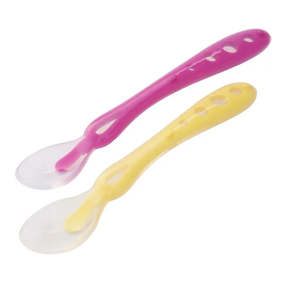 HealthAndYoga(TM) Silicone Feeding Spoons for Infants – Set of 2 | Anti-Bacterial | Non-sticky | Hypoallergenic (Yellow & Purple)