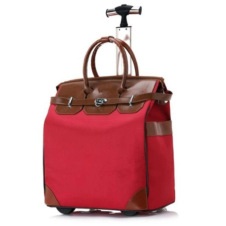 Large Capacity Oxford With Leather Rolling Tote Bag Women Luggage Suitcase On Wheel Travel 