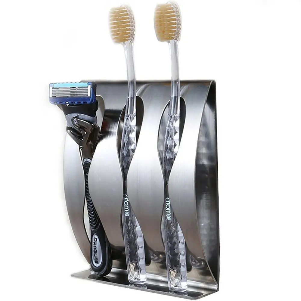 Agile-Shop Stainless Steel Toothbrush Holder / Razor Stand with 3M Self Adhesive Tape (No Drilling) for Bathroom Accessories Organizer - Brushed Nickel (3 Holes)