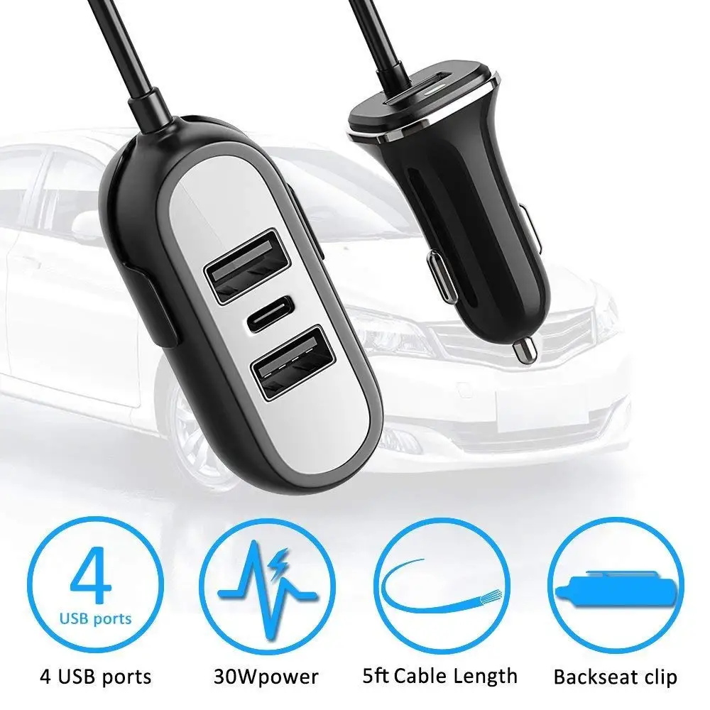 Road Trip 4port Car Charger With Backseat Clip,5.8a Usb Car Charger
