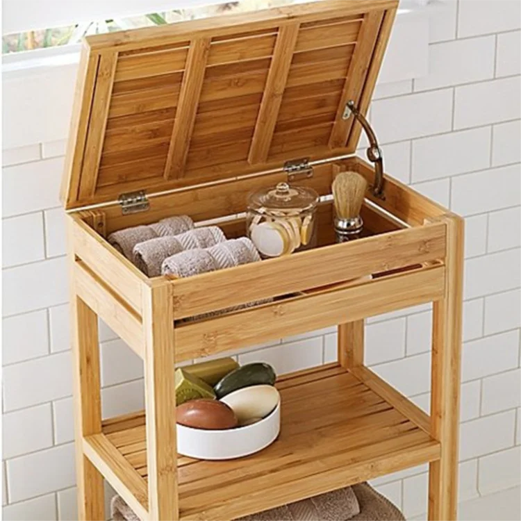 Hinged Top And Two Open Shelves Small Bathroom Bamboo Floor Cabinet ...