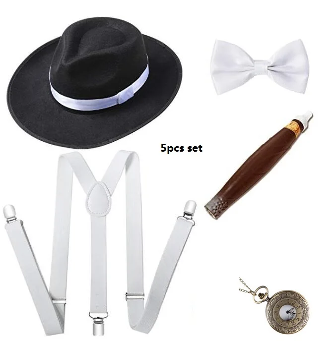 1920s Mens Costume Fedora Hat,Gatsby Gangster Vest,Vintage Pocket Watch,Pre Tied Bow Tie,Tie 