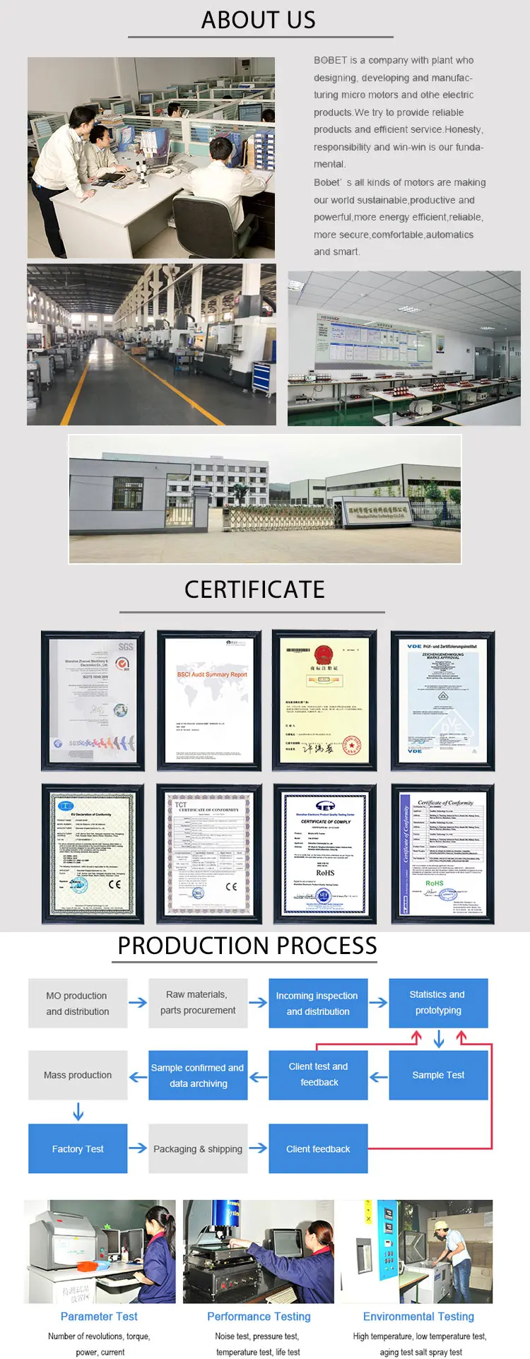 xThe output of our Solar Motor can range from fractional horsepower up to 2 HP. Our Solar Powered Motor physical dimension ranges from 3.3” in diameter up to 6.0” in diameter. The electrical source can be 12 volts  or 24 volts, or any other voltage that your solar array will produce. Send us your questions and we will be glad to work with you on your design. For more information on solar power applications, please check out our  website szbobet.com There are two major kinds of DC solar power systems: Directly powered DC Indirectly powered DC For directly powered systems the solar panels start to provide the Solar Power Motor with low power as the sun rises, increasing during the day, and dropping to zero at night. The motor performance parallels these  voltage and current levels. This system is the least expensive option. Our MET Solar Power Motors can work well in some water pump and fan applications here. 2,brushless dc motor(bldc) Brushless DC motors also known as BLDC or EC motors, have much longer life span than brushed DC since there are no brushes to wear out. This gives you a better long-term value for your investment. Another  main advantage of brushless motors is its high efficiency. Brushless motors are also perfect motors for the application running at high speeds such as power tools and brushless blowers. In many cases, brushless  motors are made as multi-poles, eg: 4 poles or 8 poles, which enhances the torque at the cost of speeds. In such applications, an extremely high rpm is not required but a high torque is nice to have. Please check the  motor specifications below to get the information about maximum speed and torque capabilities. 3,DC Geared motor DC Geared Motors 12V-60V Geared DC motors, to suit various applications. These types of motors are commonly mass produced for use in quad bikes, golf carts, buggies, electric bikes, kiddie carts and more. There are both small dc motors  and large dc motors available. Often, different wattage motors are in a similar frame size so for example upgrading from a 250w to a 350w motor could be as simple as a simple motor swap. We have customers using these in golf buggies, electric bikes, trikes, tumblers, clam sorters, rock polishers, even movies. 4, stepper motor 5,servo motors 6,stepper motors with encoder 7,stepper motors with brake 8,closed loop motors 9,dc motors with encoder 10,de motors with brake 11,ac motors 12,single phase ac motors 13,3phases ac motors 14,ac motors with reducer BOBET Motor manufactures and supplies NEMA 8 11 14 17 23 34 42 frame and meric size 20-42mm -110mm brushless motors and stepper motors and servo motors. Most of our motors can be custom  designed to operate with 12 volt, 24 volt, 36 volt, 48 volt or higher voltage.   BOBET offer different lubricant options and IP65 class motors for extreme temperature, dusty and humid environment. The integrated hall sensors or encoders are also available for the application where the accurate position and velocity feedback is required. Photoelectric encoder,magnetic encoder,Incremental encoder or absolute encoder are all available, which provide 100ppr,200ppr,400ppr,500ppr,512ppr,1000ppr,1024ppr or customized resolution.BOBET Motor also provide a wide range of brushless gear motors and brushless DC motors with integrated driver. Custom dual shaft and mounting flanges are available upon request.planetary gear , reducer,NMRV gear , worm reducer are all optional and made by our factory. Nowadays, our life is more and more dependent on the use of energy in its various forms, especially electrical energy. However, only after being converted into light, heat, movement, etc. the electrical energy makes its contribution to our society. The electric motor is the main converter of electrical energy into mechanical energy. Electric motors are classified in two main groups: alternating current motors and direct current motors. The latter show some advantages compared to the former, such as: compact size, high output power and great versatility in speed regulation by only varying incoming voltage. On the other hand, DC motors are divided in two classes: induced field motors and permanent magnet motors. In small sizes, the latter have the following advantages: lower cost, lower size, higher efficiency because they do not require energy for induced field and lower probability of failure due to simpler construction. Many and various are the applications of electric motors, but not always requirements can be BOBET especially in cases of low speed and high torque. In these cases speed reducers are required.There are several speed reducing systems, planetary system is outstanding among them. This system has several gears in each reduction stage, so several teeth in different areas of the same gear work  simultaneously, achieving a minimum stress in in each gear. This allows to obtain a high torque in a small size. In addition to that, an enclosed dust free construction does not require maintenance. szbobet has achieved manufacturing technology required to produce the highest quality planetary speed reducers. Today we supply the local market and we offer our products through this catalog in which, we hope, you will find a model that will suit your requirements. If you require a special model, please give us a call and let us solve your problem. When you think about gearmotors think of BOBET.    These qualities define the heart and soul of Motion Dynamics, which we formed, with the intention to supply virtually every individual or business in Australia , newzeland,Japan,Germany,usa,uk,united kingdom,itally,hungary,spany,uab...with a range of high quality, low cost motion related products, that are readily available everywhere else in the world.  BOBET we won with good quality and service we can continue to offer you more value for less money. All of the items we sell here, are guaranteed to be good quality, with a reasonable cost. This isn't a case of just finding the cheapest parts to palm out for quick profit. We can literally (and easily) point out the same products we sell, going for 50%-400% more on other websites or selling through other businesses! So, to sum it up, we use what we sell (because we buy them for our own projects too!) Every product we sell here at Motion has been put through a destructive testing processes.  The product goes through the most heavy duty abuse that we think the unit will ever see over the period of its service life. So someTimes the testing can take more than a few months, especially if its heavy duty or needs a longer cycle times to properly test, and even longer if we manage to break it because then we're back to square one. So, as you might imagine, it takes a while for new products to appear on our pages. Once the product passes, it's placed on the web site and you can feel comfortable knowing that you are getting a good product that we had a lot of trouble breaking. Other times we'll buy a product based solely on it's reputation. For example, if the product has been in the marketplace for a long time and is for sale by lots of sellers then you can usually find WebPages dedicated to modification, feedback and customer experiences on the product. We don't do much testing on these kind of products, because from all the information that is usually available it's easy to make a decision based on the experiences of others. We do get lots of praise for the quality of our goods, with some customers telling us that our products are better than more expensive units from other companies. Hearing this is a damn good feeling, we can tell you that.What's blatantly obvious to us, is that it's much cheaper and more profitable to sell better quality gear than it is to sell cheaper goods. Why? Look at it like this. You never know how a customer will use a unit. Some people contact us with some ideas that are way out there, and we know that what they want the goods for was probably not even remotely considered by the original designer of the product. So, If we sold the cheap product, and it breaks, we have to replace it under warranty and then have the costs associated with the return of the  goods, the replacement of the goods and the return shipping for the goods! But, if we buy the better gear   from the start, it doesn't break. The customer is much happier and we save money and time. Simple.To get an idea of the process, take a look at our flow chart we tend to live by these days. What we doWe sell AC and DC motion products to retail, wholesale and trade sectors of the electric motor Industry across Australia and more recently, Internationally. We support wholesale amazon,aliexpress,ebay, trade and motor resellers with discount pricing on some products, and can also supply OEM and bulk quantities for recurrent or one off orders when required with respectable lead times! If your company is after a custom product with low quantities, feel free to talk to one of our sales people. Our specialty is the replacement of Oriental Motors (specifically, the World K Series), meaning we can replace all the copies of this motor from well known brands such as SPG Electric motors, Sesame, Panasonic to the budget Chinese brands such as NIDEC, ZD, SIEMENS,ABB,Maxon and more! Our product ranges consist of AC and DC Gear Motors, Speed Controllers DC/AC, Planetary Gear Motors, Worm Drive motors, E-Bike motors, Linear actuators with more products being added monthly!  Pricing We avoid buying cheap products, instead sourcing only from the better manufacturers. Sure, we might pay more than others do, but we get good quality products that we can offer at great prices as a direct result of our low overheads. Why should you pay all our expenses? It helps too, that we also have access to a vast array of professional services, like quarterly International freight to USA, Web Design Professionals and business and marketing advisors who constantly instruct us on the most efficient ways to operate and who set our prices based on the current exchange rate to always be favourable to customers!  We use dedicated engineers under our employ, who source the parts for us throughout  japan,germany and Chinese factories, who test and then send us parts and material samples from who they consider to be the better manufacturers, based on the factory and product reputation, availability of stock, inspection of the goods  And overall reliability. Once we receive the samples, we perform our own testing and inspections, often sending samples to customers who we know will test the goods thoroughly in their own projects or to clubs for more field testing to be performed. If we can, we'll make any changes required based on the feedback we receive to increase the quality of components or even add features we think may be useful and only then will we purchase in quantity. After that point, we use the same team to make sure the manufacturer sticks to the exact specifications we expect, so there's never any discrepancy between the samples we approved and the products that arrive at your door.  All of our DC Speed controllers are designed in house! Business Scope:Wholesale and retail of general mechanical equipment & accessories, electric machine,  hardware & electrical products, tools, instruments & BOBET, bearings, BOBET materials and daily necessities (no operation is allowed unless an approval has been obtained from related authority where involved)  27/02/2000 New Code: In order to improve our services, we changed to a smart coding. It provides more detailed information of the product Code   17/10/2010 We developed a new Hybrid model, with plastic box and BOBET gears that supports up to 50 Kgf.cm    21/01/2014 Gearmotor: Is a new motor now in 220VAC and  0.01 Hp, adding a new option to the wide range  26/08/2010 We have incorporated the speed controller for engine management phase  20/01/2014 90° transmision ; We added an orthogonal transmisión tonmrv family,  with BOBET output option   26/08/2010 An 1/8 hp motor has been added to the product line     15/11/2012 Gearmotor: We have developed a gearmotor 100% homemade  replacing Linix. It comes in 2 versions, a fully plastic and an hybrid one. It works with 220VAC and 0.01   Hp.  11/06/2010 We are using a new motor of 24VCC for Enhanced Power. It is for   BOBET Motors manufactures a custom designed 12V DC Motor for many Original Equipment  Manufacturers around the world. The 12VDC Motor that we construct is rated from fractional  horsepower to 2 HP, running at speeds up to 5,000 RPM. These 12V DC Motors can also be designed   for applications that require different voltages, such as 24 Volts, 36 Volts, and others up to 180 Volts. If  you have any questions about your application, whether you need a DC Motor 12V or a motor with  another voltage, our experienced sales engineers would be happy to help you. Please call them at (800)  What are some applications that use a 12VDC? At BOBET Motors we customize every motor for our customers at no extra cost to them. All of our   motors are manufactured custom to each precise application, and every 12V Motor has been matched to the performance requirements for the application. The design of that particular 12V Electric Motor is then sold only to that original customer. All inquiries from users in the field are then directed to the initial Original Equipment Manufacturer. We respect our customers, and we enter into written non-disclosure  agreements with many of them.Here at BOBET we pride ourselves on our high quality products. Our 12V DC Electric Motor is made with the highest quality standards and configured for you based on our proprietary design software.  Each  12VDC Motor is then crafted by our skilled workers just for your application. You can be sure that your 12V DC Motor or 24V, as well as any other voltage, is manufactured right here in the USA. Electric Technology has headquarters in a with production facilities a few miles away .Since we are conveniently located in the USA, our lead times are shorter than with overseas vendors, and we can provide improved on-time delivery to our customers. How do I calculate my estimated current draw in amps? When calculating the current draw in amps with a 12 VDC Motor you can use the following guidelines:  0.1 HP = 8 amperes 0.2 HP = 17 amperes 0.5 HP = 42 amperes 1.0 HP = 85 amperes Since choosing the right 12V DC Electric Motor can be challenging, it is important that you work with the right company. Visit our blog to read more about why BOBET is the perfect supplier for you. Our Sales Engineers here at BOBET Motors are eager to help you design your company’s 12V DC  Electric Motor. If you are uncertain about the motor requirements for your application, our Sales  Engineers can work closely with your engineers on the parameters of your application to ensure that  you will receive a perfect DC Motor 12V that is made just for your application. We can provide you with an outline drawing of your custom designed motor as well as the electrical performance design for your  Motor Why use DC motors instead of AC motors? There are no easy, concise, answers and one technology is not necessarily better than the other. Once you have completed your homework, the decision for an AC or DC motor system is dependent on application and cost. In the end, markets exist for both AC and DC, and there are clearly advantages and disadvantages to Permanent Magnet DC Motor Design If you are interested in purchasing American Made Permanent Magnet DC Motors, it is imperative that you buy from the best. BOBET Motors is currently ranked as one of the industry leaders with more than 45 years of solid experience. Top-notch sales engineers work with customers to better understand their  Many industries depend on DC Motors. In the decades before the DC Motor was refined, their use was limited. Today many different applications are heavily dependent on these motors within a multitude of industries. Because the quality of a motor has a direct impact on the end product, it is essential to work    Introduction to DC Motors For operating machinery and equipment in a wide variety of industries and applications, DC motors are commonly used. When it comes to energy converters, these motors were among the first types. Initially,the majority of motors in service used DC voltage. This caused a problem since DC voltage cannot be  A BOBET DC Motor 12V can be used in many different applications. Some applications are: Hydraulic Pumps Solar power applications Battery powered carts Variable Speed applications Important battery specifications in 12 volt motor applications Many motor applications utilize a 12 or 24 volt power source. It is important for the application’s long  term success that the battery and motor are sized correctly. Lead-acid batteries are popular for many of  these applications, since they are usually the lowest-cost option and are widely available. The energy stored in a battery, called battery capacity, can be stated in ampere-hours (Ahr). An ampere is a measurement of electrical current, and the hour indicates over what time period the battery can supply this current. Specified capacity is usually given based on the battery discharging uniformly over a 20 hour period. If you’re using the battery in an application that requires a much higher current, then you  can expect much less than the rated hours.A 100 Ah battery, for example, can supply 5 amps for 20 hours. If you need to draw more current,  because a bigger device is connected, it will last for a shorter period of time than rated. An example   would be that drawing 20 amps would drain the charge in much less than 5 hours.  If you are drawing  lower amperage than rated, the battery can last longer than its stated capacity. The two main types of batteries are “Starting” (cranking), and “Deep Cycle” (marine/golf cart). The starting battery is built to deliver a quick burst of energy, such as starting vehicle engines. The deep cycle battery has less immediate energy available, but can provide greater long-term energy. Starting batteries  should not be used for deep cycle type applications. Your battery supplier can help you determine the best battery type for your application. Sz bobet Technology company. was founded in 2000 and has become a leading US manufacturer of custom-designed, high performance, permanent magnet DC motors for Original Equipment Manufacturers (OEMs) worldwide. Our DC motors are built with NEMA, IEC or custom mounting configurations according to customer specifications. Permanent Magnet DC Motors A Permanent Magnet DC Motor is used in a wide variety of industrial and commercial applications bymany OEM’’s. A Brushed DC Motor is chosen for a number of reasons such as portability, high starting torque, bi-directionality, high reliability and for having the ability to fine tune the speed to match your requirements. These inherent advantages of a Permanent Magnetic Motor are some of the many reason that Minnesota Electric Technology sells motors around the world. All of the DC Permanent Magnet Motors that we manufacture are custom designed for each customer’s application. We then sell that specific design only to the original customer. The output of our Brush Motor can range from fractional horsepower up to 2 HP. The physical dimension of our Permanent Magnet DC Motor power, solar power, or rectified AC. Send us your specifications and we will be glad to work with you on  your design. The ability to “match your requirements” is very important when choosing a PMDC Motor. Voltage, speed, horsepower, or torque and duty cycle are key to the development. With this information, we are able to design a Permanent Magnetic Motor to meet your performance, as well as design for longevity.  The ability to handle the load is one of the primary considerations for the design of the Brush Motor. For more information you can check out our blog. Matching the actual load to the Brushed DC Motor design is extremely important for motor longevity. Running a motor at a lower current than the original design will actually shorten the motor life. A motor running at a higher current than the original design will create excess heat reducing motor life prematurely. A well matched motor/current profile will produce the optimum motor life for that design.   The mission of BOBET Motors is to build a depository of DC Permanent Magnet Motor and application  knowledge and PM Motor designs in order to offer assistance to companies who have motor application  questions. We will provide fast prototype motors for their testing and deliver our customers the highest  quality production motors on time, with competitive pricing. DC Motors DC Motors are our one and only specialty. We can provide you with technical information on a DC Motor for your application, and we can work with your engineers in the development of your product. We can provide you with prototype motors designed specifically for your equipment. Our DC Electric Motors  capable of speeds up to 5,000 RPM as needed. If you already have a product developed, we can help you solve any problems that you may be having  with your present DC Motor supplier. Are you having any concerns about the motor performance in your product? Do you need more dependable delivery, better product quality, improved quantity pricing? Let us help you with a non-committal quote. We can take your present DC Motor and perform tests to evelop its specifications to ensure that you know exactly what you are getting. Electric Motors The Electric Motor has been around for at least 150 years and was the backbone of the Second Industrial Revolution in America. At that time the Electric Motor began to replace the steam-powered machines as the main source of power in industry. Over the years, many people have made great improvements in the design and manufacture of Electric Motors, however, nobody has yet changed the Laws of Physics that cause an Electric Motor to operate. BOBET Motors manufactures one of the four major classes of Electric Motors, the DC Motor. This class of motor runs off of direct current, supplied by battery power, solar power, or rectified AC power. 12 Volts DC Motor We manufacture 12 Volt DC Motors based on detailed discussions with the customer of the specifications for each application. There is no additional cost involved for the motor design, but the performance is greatly enhanced over that of an “off-the-shelf” motor.exactly what you need, we can assist you in determining the performance characteristics of your 12 Volt  Electric Motor. We can even take one of your present motors and perform tests on it to determine how we can improve your product with a BOBET motor. Let us know how we can help you. 24 Volt DC Motors If your company is in need of a 24 Volt DC Motor you have come to the right place. BOBET Motors produces DC Motors for many companies’ detailed applications. Our motor ranges from 3.25” to 6” and they can provide up to 2 horsepower, with a capability of reaching up to 5,000 RPM. If you are unsure what your application requires, our Sales Engineers would be happy to assist you. A BOBET 24 Volt Electric Motor is designed according to your detailed application description. Our DC Motors are built with speed control compatibility, which can offer you variable speeds. All of our Permanent Magnet DC Motors consist of ball bearing construction and all have heavy duty finishes. We can also provide special couplings and mountings with our motors. BOBET supplies 24 Volt Motors formany Original Equipment Manufacturers (OEM’s) to fit their wide array of applications. DC Hydraulic Pump Motors f you are looking for a 12 Volt Hydraulic Pump Motor we can help you. We manufacture all of our 12 Volt Pump Motors to your application’s specifications. Our motor turns the electrical power from your battery into mechanical power to rotate your pump. This pump then produces the hydraulic pressure that runs your power distribution system. We manufacture 12V Hydraulic Pump Motors rated from fractional  capable of speeds up to 5,000 RPM as required. If you don’t know the exact performance characteristics of your application, we can assist you in specifying your 12 Volt Electric Hydraulic Pump Motor. The experienced sales engineers at BOBET can special design a 12V Electric Hydraulic Pump Motor for  your application at no extra charge. This low-voltage motor is prepared custom to your company’s  specific needs. All of our motors are manufactured with speed control compatibility, which can provide  you with variable speeds to fine tune your pump allowing operation at the most efficient level. They all have ball bearing construction with heavy duty finishes. We can easily provide you with special  couplings and mountings to facilitate your installation and reduce costs. We supply a custom designed 12  Volt Hydraulic Pump Motor to many Original Equipment Manufacturers (OEMs) for a wide variety of  products. These custom designed motors are then supplied only to that original customer. Many applications have a 24 volt battery source, especially for over the road applications. BOBET Motors can custom design these same high quality motors to run on 24 volts, 36 volts or any other voltage that you require up to 180 volts. Some of our customers purchase a motor for their 12 Volt  Hydraulic Pumps and also the identical motor to run in their 24 volt systems. Other customers purchase 120 volt motors and an identically designed motor that runs only on 180 volts. Just let us know what your Electric Hydraulic Pump requirements are and we will work with you. If you would like to send us your application specification, Our Sales Engineers are more than happy to assist you in creating the perfect Variable Speed DC Motor. A BOBET Variable Speed Motor is manufactured to your company’s definite needs with control capability.  All of our Electric Motors have both bi-directional and reversible capabilities. They are all made of ball bearing construction and have heavy duty finishes. Special couplings and mountings are simple for us to  supply. We provide Variable Speed DC Motors to many Original Equipment Manufacturers (OEM’s) for a  wide array of products We have been manufacturing American made, custom designed Permanent Magnet DC Motors for OEM’s since 2000. All of our motors are built with NEMA, IEC, and custom mounting arrangements based on your company’s needs. Our corporate headquarters is located in China and all of our motors are built at our manufacturing facility in Shenzhen China. Here at BOBET, we pride ourselves in our fast, on time, delivery as well as the high quality of our Permanent Magnet DC Motors. Call us  to speak with one of our Sales Engineers today. What information does BOBET need to design a motor for me? With the speed, horsepower (torque), and duty cycle we will be able to style the Variable Speed Motor to your precise needs. Even without all of the specific information necessary, our Sales Engineers are more than willing to work with you to develop the appropriate Variable Speed Electric Motor for you. Just give us a call to start working together on the perfect DC Motor for you. this DC Variable Speed Motor uses energy consistently with an increase or decrease only when necessary; conserving energy. For more information on our Variable Speed DC Motors read our blog. Do I need a control to vary the speed of my motor? One of the more important features of Permanent Magnet DC Motors is that the motor speed can be easily controlled. A change in the input voltage will change the speed of the motor. Speed can be controlled in many different ways. You can use differing tap arrangements from the battery bank or solar panels. You can also insert a resistor in one of the circuits to give two or more different speeds. You can use a simple rheostat or potation BOBET meter in the circuit to allow varying speed over a given range. You can also utilize an electronically controlled switching device such as an SCR (silicon controlled rectifier) or a PWM (pulse  width modulation) control. Give us a call and we will be glad to discuss your application. Are there other options than a Variable Speed DC Motor? BOBET offers many styles of DC motors all based on the company’s detailed application needs. We offer: 24 Volt Motors Hydraulic Pump Motors 12 Volt Motors Solar Powered Motors Our Sales Engineers are willing to discuss your application with you and lead you in the right direction of what design of DC Motor will go with your company’s application. About Us Shenzhen bobet Technology Company. was founded in 2000 and has become a leading CN manufacturer of custom-designed, high performance, permanent magnet DC motors for Original Equipment  Manufacturers (OEMs) worldwide. Our DC motors are built with NEMA, IEC or custom mounting configurations according to customer specifications. Each motor's performance characteristics are engineered at our corporate headquarters in using proprietary design software written by our engineers. Production drawings are CAD-generated in Autodesk Inventor®, applying the latest in 3D modeling to aid in accurate, fast and efficient designs. All of our PMDC motors are built in the USA at our Chinese manufacturing facility. Last year, our dedicated employees manufactured motors which were shipped worldwide to locations in America, Asia, Australia, Europe, Canada, Central and South America. Matching design to performance Permanent Magnet DC (PMDC) motors are used all over the world in a variety of applications. The advantages of using PMDC motors include; their portability, high starting torque, bi-directionality, variable speed, reliability, and speed-control. They can be designed to run on normal battery voltage, such as 24 volts, or just about any voltage that your application requires, up to 230 volts.  The ability to “match your requirements” can give you a big advantage when choosing a PMDC motor and ensure that you’re getting the most durable product for your application. Matching the actual load to the motor design is extremely important for increased motor longevity. Running a motor at a lower current than the original design will actually shorten the motor life. BOBET understands the importance of matching design with performance in motor applications. That’s why our engineers are able to load-test your current motor and create new motor designs with customized voltage, speed, horsepower, torque, and duty to meet your specific application requirements, Read our blog for more information.
