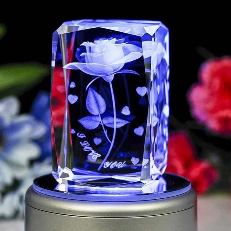 Crystal LED Keyring Rose  I Love You 3D Laser Engraved Gift blue 