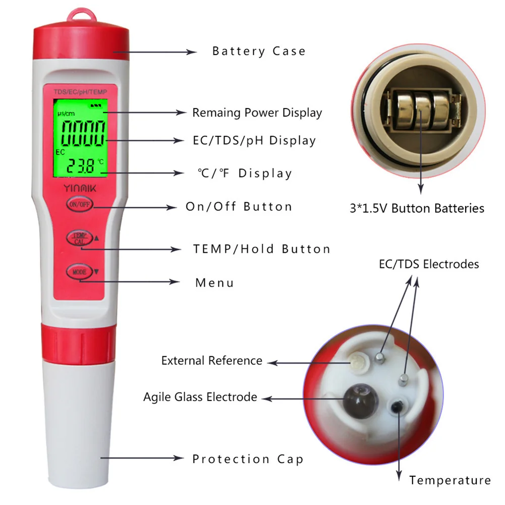 4 in 1 PH/EC/TDS/TEMP Digital Tester Water Quality Monitor Water Tester 
