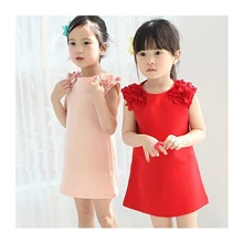 O envio gratuito de verão as crianças se vestem de Algodão Tridimensional flores Rosa Em Linha Reta/Vermelho vestido Sem Mangas 2-6 anos meninas vestir
