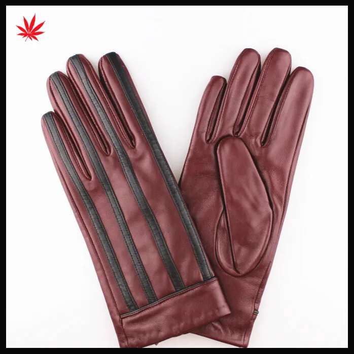 Ladies high quality fashion stripe sheepskin wine red leather gloves