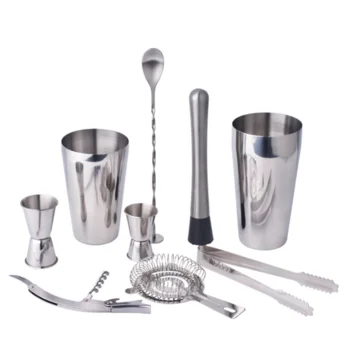 2019 Amazon Hot Sale New Product Stainless Steel 9PCS Boston Cocktail Shaker Bar Tool Set Bar Supplies