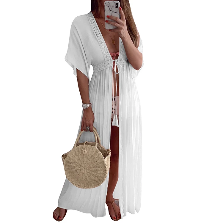 Feelingirl White Lace Summer Women Beach Soft Short Sleeve Cardigan Maxi Dress