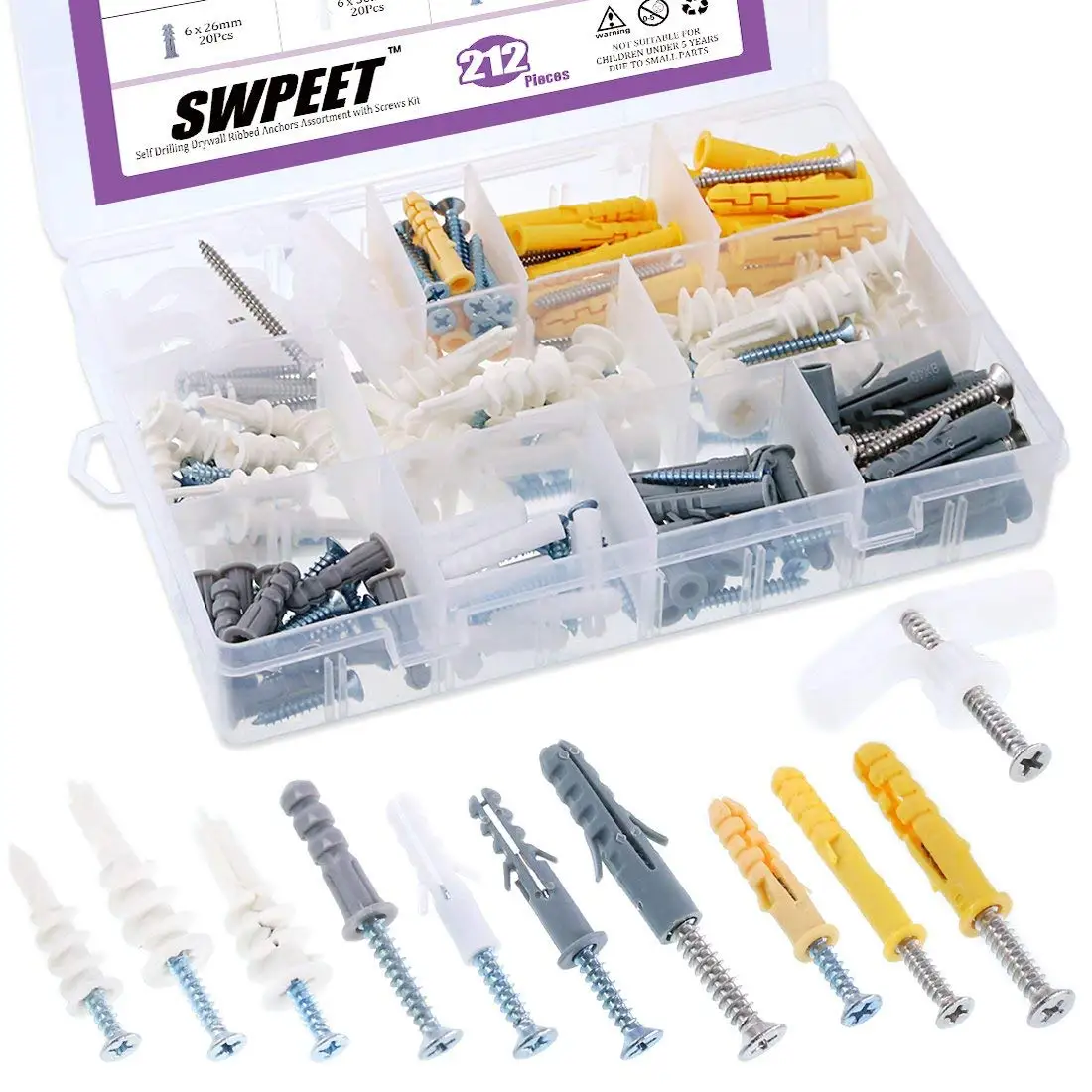 Swpeet 212Pcs Assorted Sizes Hollow Drywall Anchors Kit, Plastic Self Drilling Drywall Ribbed Anchors Assortment with Screws Perfect for Fixing Curtains, Calligraphy, Wall Cabinets, Lamps