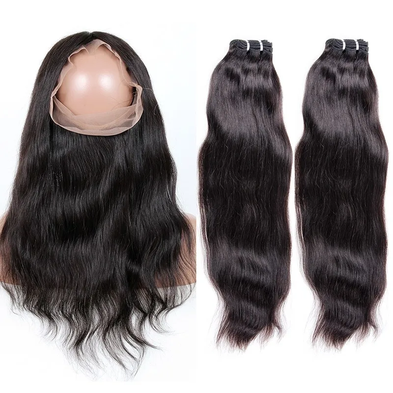 New Arrival 2pcs straight brazilian human hair weave bundles with 1 pcs 360 lace frontal band