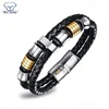 Black leather bracelet men gold plated Stainless Steel mens italian Genuine Leather Wrap Braided Bracelet