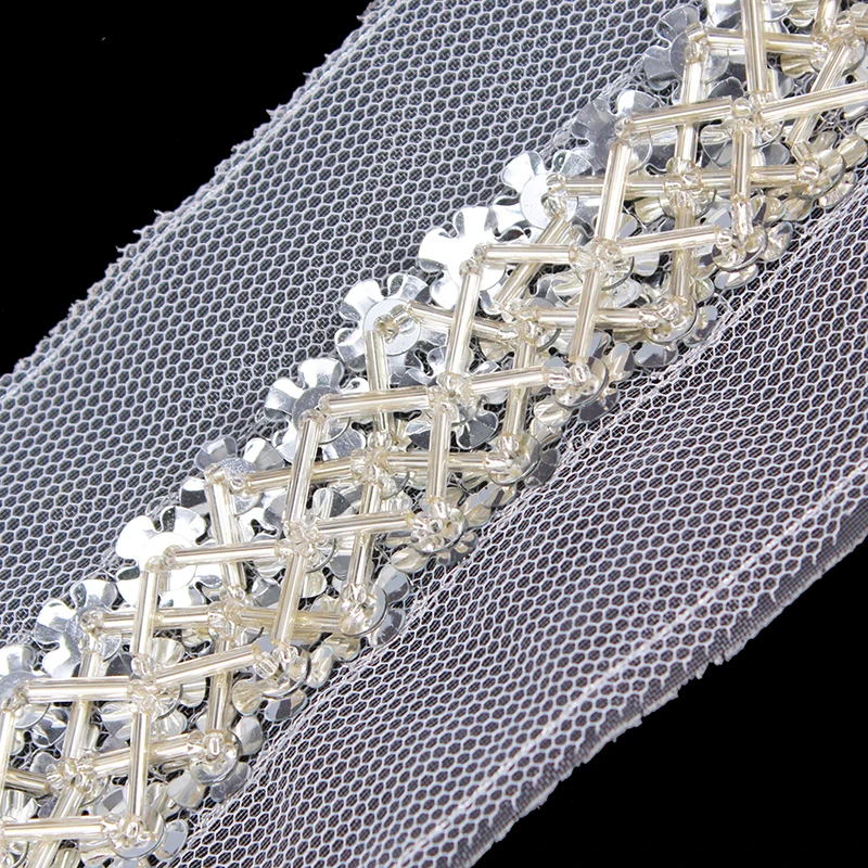 Handmade Beaded Sequins Rhinestones Applique Lace Ribbon Trim Sewing