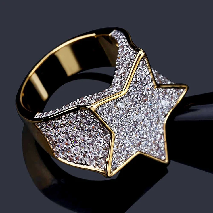 Wholesale 18k Gold Star Shape Ring For Men's Hip Hop Jewelry Full Bling ...