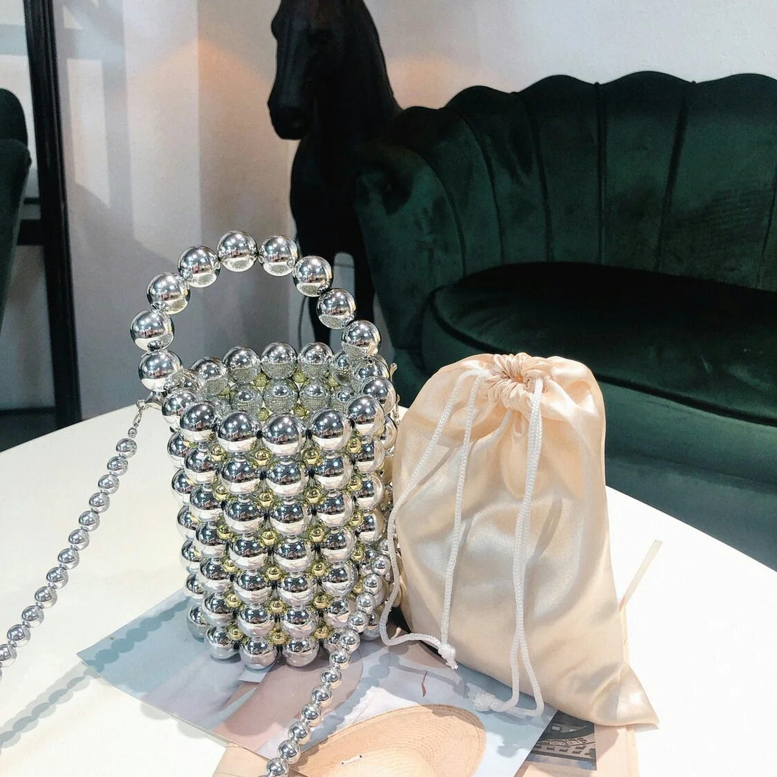 Zara Pearl Beaded Mini Bucket Bag Silver Chain Lined