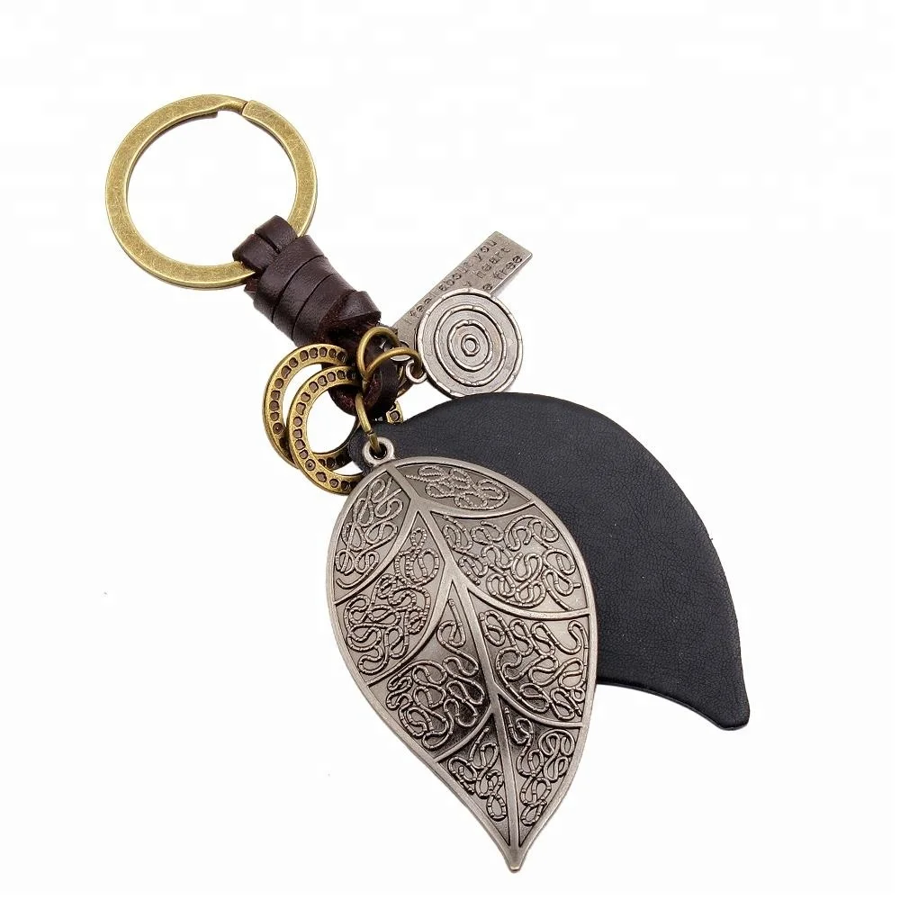 Vintage Car Key Chain Leather Cord Metal Leaf Trinket Keychain Key Ring