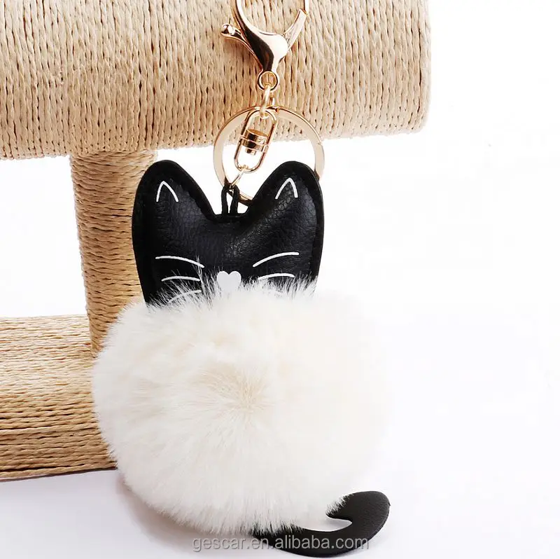 
Korean style car pompom keychain plush fluffy ball keychain wholesale cute cat key chain 
