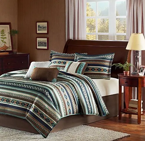 7 Piece Blue Brown White Southwest Comforter Queen Set, Native American Southwestern Bedding, Horizontal Tribal Stripes Geometric Motifs Lodge, Indian Themed Pattern, Aztec Western Color Tan Teal
