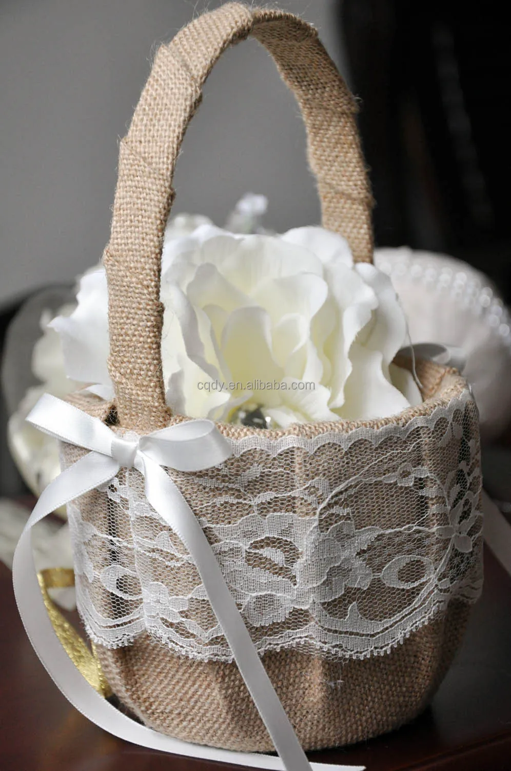 Linen Flower Decorated Wedding Baskets Girls Basket For Wedding Card