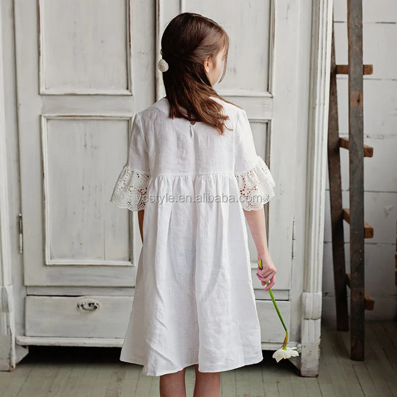 White Linen Flower Girl Dress,Wholesale High Quality Boutique Babtism