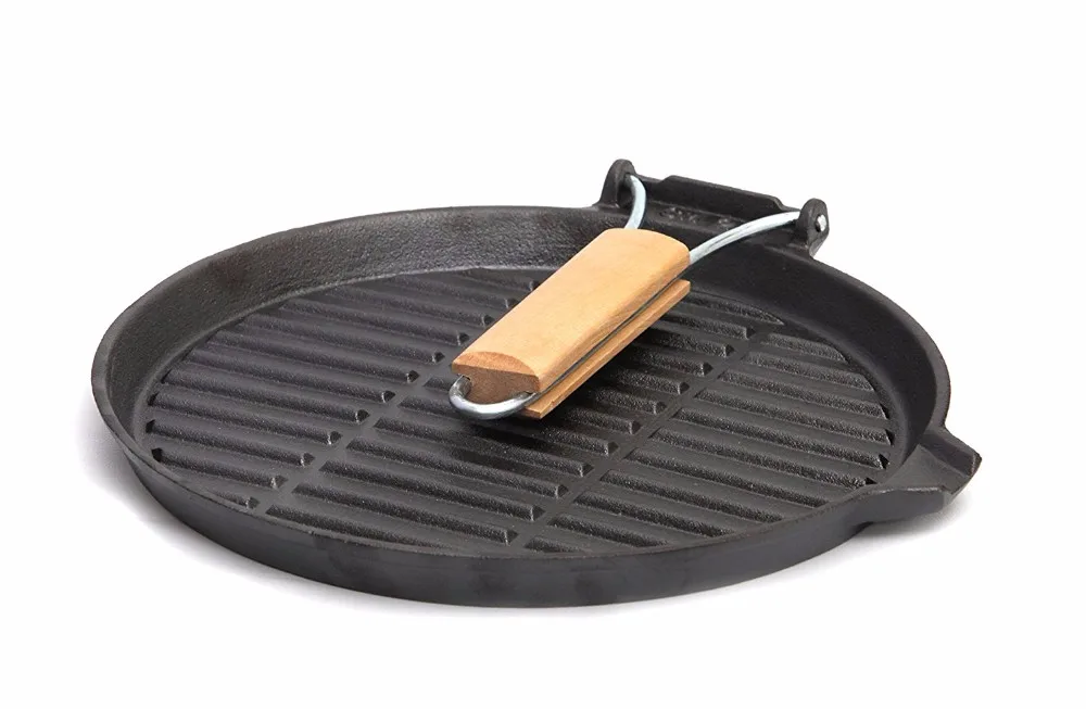 Heavy Duty 27cm Round Cast Iron Seasoned Grill Pan With Folding Wooden