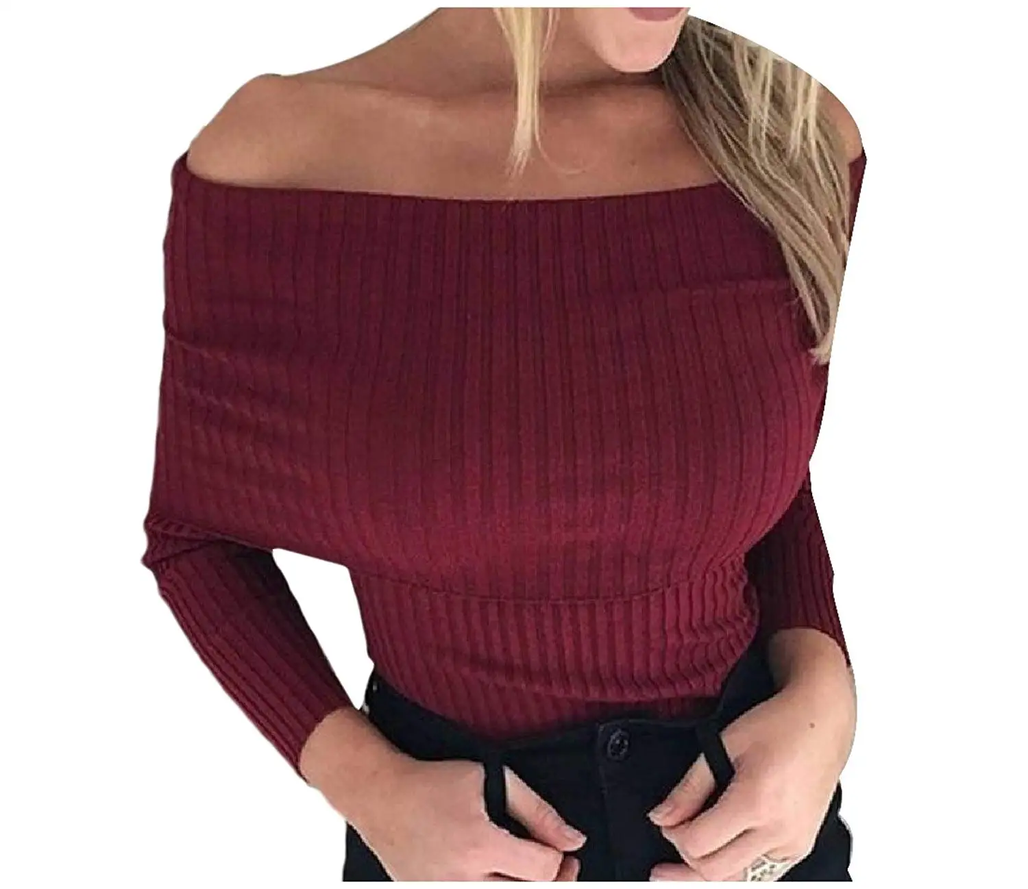 Zimaes-Women Casual Solid Colored Shoulder Off Pullovers Sweater