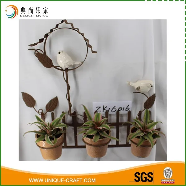 Outdoor Wall Hanging Ceramic Bird Rusty Iron Metal Plant Stand For 3 Flower Pots