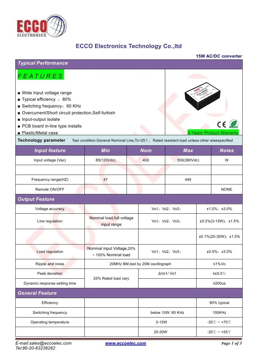 AC to DC Converter 15W, 400V Input to 5V/9V/12V/15V/24V/28V/48V Output ...