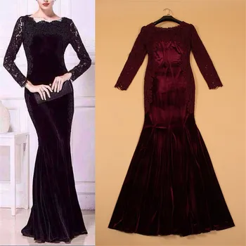 Long Sleeve Lacework Collar Floor Length Lace Spliced Velvet Red Blue Black Evening Dress Buy Lace Spliced Velvet Evening Dress Lacework Collar