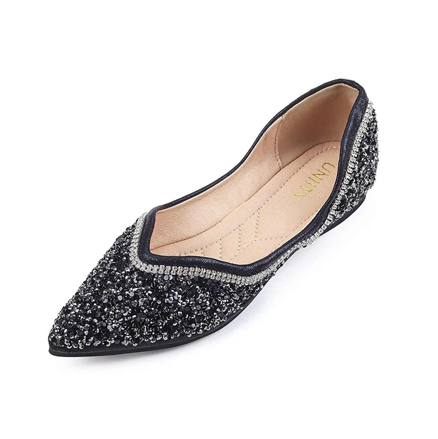 Uniity Women's Metallic Sequin Sparkle Ballet Flat Slip on Dress Pumps Ballerina Shoes Pointy Toe Sandals Evening Party Shoes