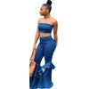 Off shoulder Stylish Blue Denim Crop Top And Jeans Pants Suit Plus Size Two Piece Set Women Clothing YY107