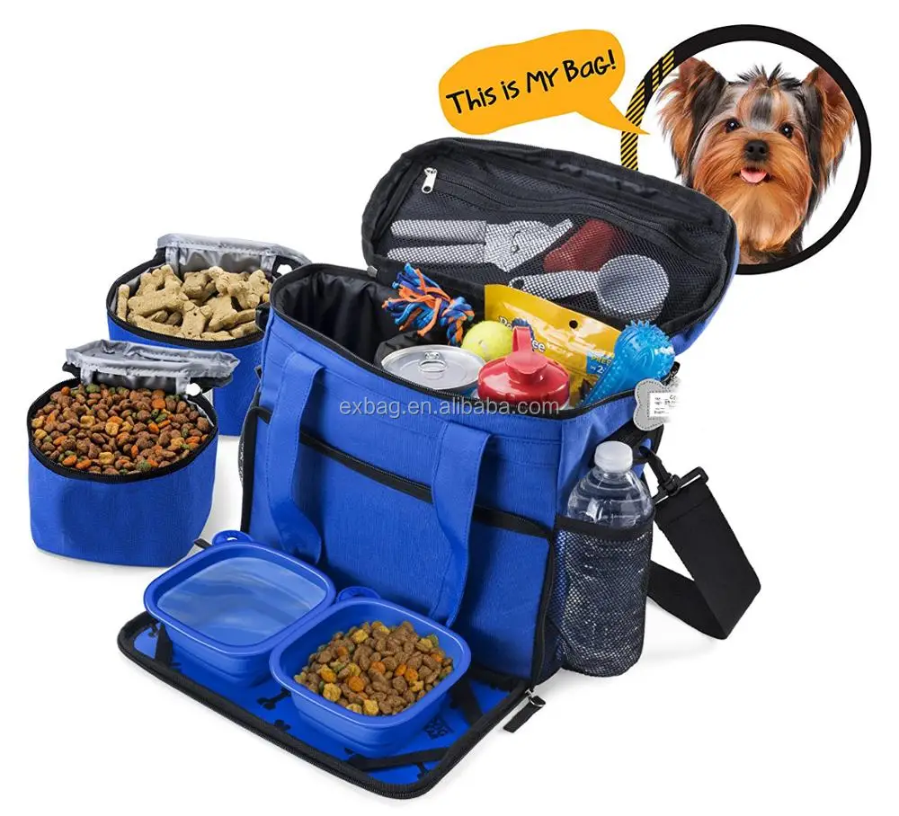 Pet Dog Travel Bag With 2 Lined Food Carriers Bag And Big Treat Bag